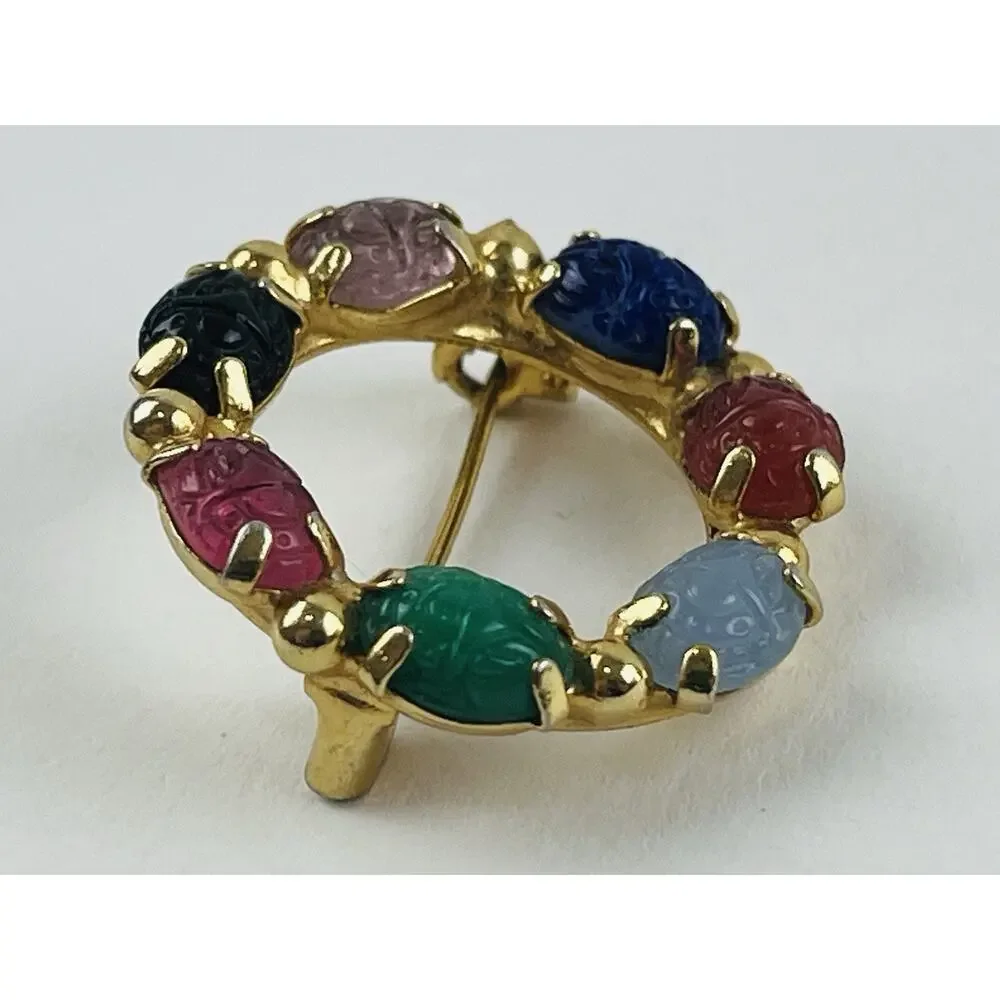 Vintage Gold Tone Multicolor Scarab Stone Pin Brooch Round Blue Pink Green Red P